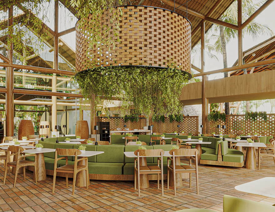Restaurante com mesas retangulares e redondas, cadeiras e sofás de madeira com estofado verde, piso em tijolos aparentes, grandes luminárias circulares suspensas em trama de madeira com plantas pendentes, paredes com elementos vazados e estrutura ampla com cobertura de madeira.